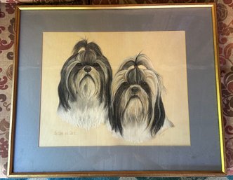 Lot 391SES - 1914 - Cute Shih Tzu Dogs - Large - Original Antique Art In Wood Frame - June Wallenberg