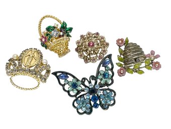 Lot 346 - Nice Lot Costume Lot Of 5 Pins - Rhinestones & Crystals - Butterfly - Honey Bee -