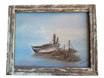 Lot 392SES - Mid Century Original Painting - Dinghy Row Boat - Seascape - Artist S Griswold - Rustic Frame