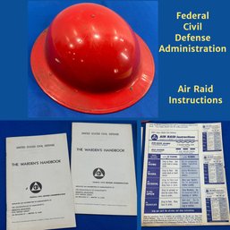 Lot 640 - 1950s US Civil Defense Blackout Red Hard Hat / Air Raid Instructions - Wardens Handbook