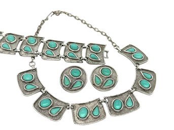 Lot 348 - Costume Silver With Turquoise Color Necklace Bracelet Clip Earrings Set Of 3