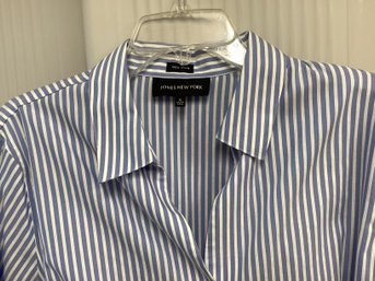 Lot 88RR-Jones New York Non Iron Blue White Stripe Womens Shirt Blouse Size XL