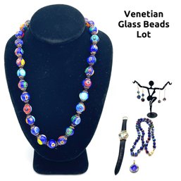 Lot 23- Lot Of 5: Venetian Glass, Necklace, Earrings, Pendant, Watch