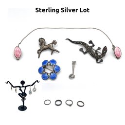 Lot 22- Sterling Silver Enamel Sweater Guard, Pin, Rings, Earrings - Nice Lot Of 12