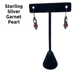 Lot 18- Sterling Silver With Garnet And Pearl Earrings 1 1/2'