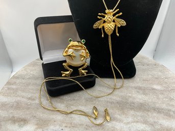 Lot 57- Costume Frog Brooch Pin & Gold Bee Slide Necklace