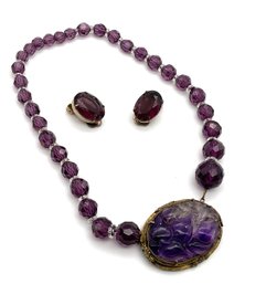 Lot 41- Victorian Purple Crystal Choker Necklace Carved Amethyst And Clip On Earrings