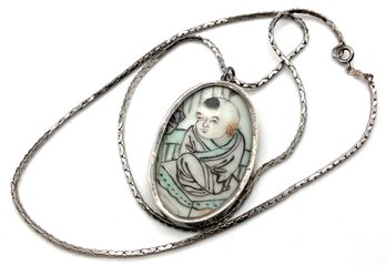 Lot 63- Sterling Silver Necklace With Ceramic Asian Painted Pendant