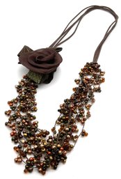 Lot 44- Beautiful Beaded Necklace With Side Rose On Cords 33 Inches