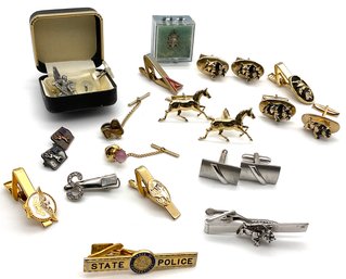 Lot 46- Mens Lot - State Police Tie Clip, Cuff Links, Lapel Pins, Lot Of 18