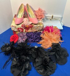 Lot 629 - Vintage Accessories Lot - Clutches - Hair Clips - Pink Prom Shoes- Feather Hair Clips