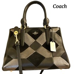 Lot 20SES- COACH Crosby Carryall Black & Pewter Suede & Leather Patchwork Handbag Purse