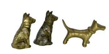 Lot 309- 3 Small Miniature Brass Dogs - Vintage Stamped Japan - Scotty Dog - German Shepherd - Primitive