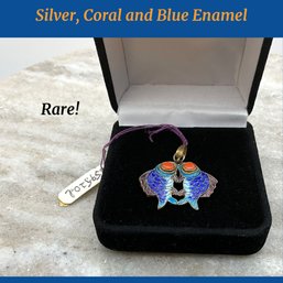 Lot 27- Rare Silver, Coral, Blue Signed Enamel Pisces Pendant - 2 Fish Double Sided