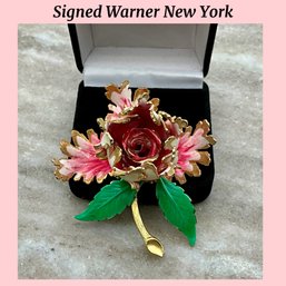 Lot 32- Signed Warner New York Pin Enamel Rose Brooch