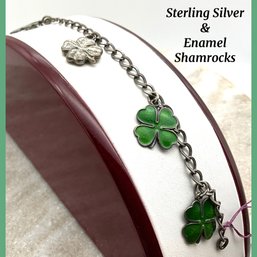 Lot 46- Sterling Silver With Green Enamel Shamrocks Charm Bracelet