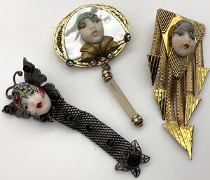 Lot 74- Signed - Stunning Art Deco Unique Flapper Brooches (3)