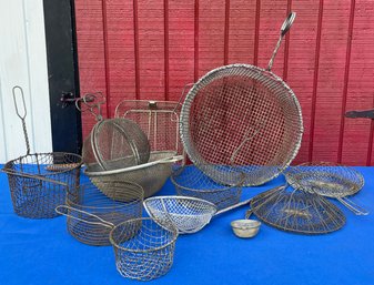 Lot 409- Mixed Lot Of Strainers - Shellfish - Clams - Primitive - Antique - Vintage Kitchen Lot Of 12