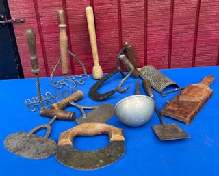 Lot 410- Primitive Wood Handled Tools- Slaw Slicer- Masher- Graters- Spatula- Choppers- Ladle- Meat Hooks