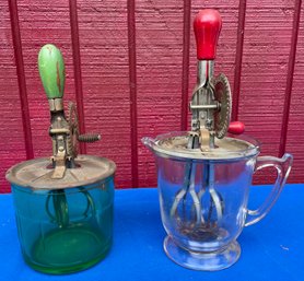 Lot 411- Viorio Green Depression Glass & Clear Glass Measurement Cup Hand Mixers - 2 - Made In Usa