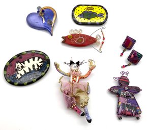 Lot 82- Funky Cat Fish, Heart Pins - Earrings - Artisan - Handcrafted Collection (7 Pieces)