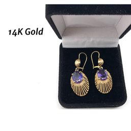 Lot 93- 14K Gold W/ Amethyst Earrings 1 1/2' - Needs Repair