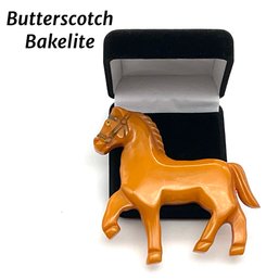 Lot 88- Prancing Horse In Butterscotch Bakelite Pin - Antique