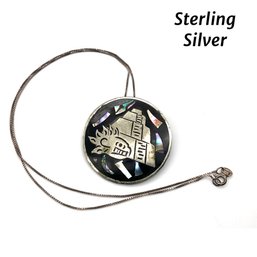 Lot 79- Sterling Silver Chain & Pin/pendant With Inlaid Mother Of Pearl