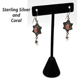 Lot 75- Sterling Silver Coral & Freshwater Pearl Earrings 2'