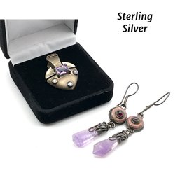 Lot 73- Sterling Silver Heart Pendant & Purple Crystal Earrings