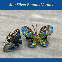 Lot 67- 800 Silver Enamel Adriana Alioto Vermeil Butterfly Pin & One Single Earring