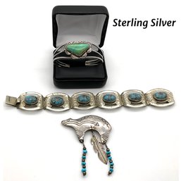 Lot 77- Native American Sterling Silver & Turquoise Lot (3 Pieces)