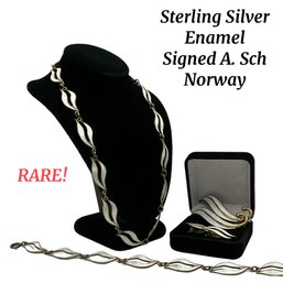 Lot 68- Sterling Silver Norway White Enamel Necklace Pin Earrings Bracelet Complete Set Signed A. Sch