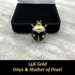 Lot 70- 14K Gold Onyx & Mother Of Pearl Lady Bug Pin With Diamonds (tested)