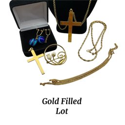 Lot 79- GF Gold Filled Jewelry Lot - 3 Chains, 2 Crosses, Earrings, Pins - Lot Of 7