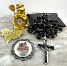 Lot 43- Ebony France Rosary Beads - Embroidered Pin - Timex Snowman Clock - Gold Leaf Pendant