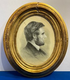 Lot 8- Antique President Abraham Lincoln Pencil Portrait Signed J Johnson In Oval Gold Frame