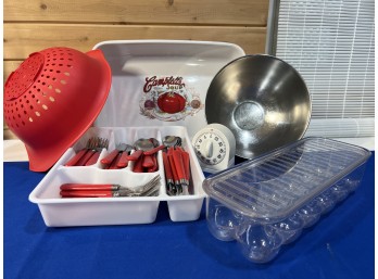 Lot 430- Kitchen Essentials - Campbells Soup Casserole Dish - Mixing Bowl - Red Silverware - Egg Container