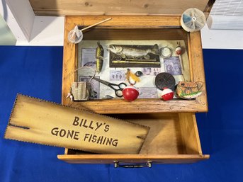 Lot 431- Billys Gone Fishing - Decorative Display Case With Drawer - Sign - Fisherman Decor