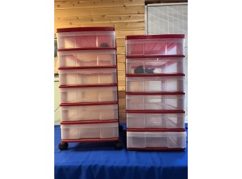 Lot 434- Pair Of Red Storage Carts With 6 Drawers - On Wheels - Ornaments - Crafts - Crafting