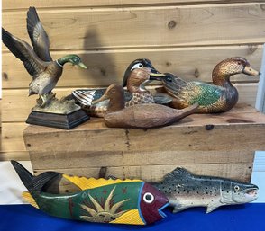 Lot 435- Wooden Duck Decoys And Wood Fish Decor - Lot Of 6 Fisherman Fishing