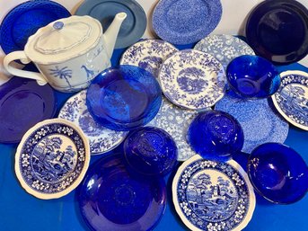 Lot 19- Mixed Lot Of Blue & White Dishware & Tea Pot - Spode - Thomson - Cobalt - Bryony - 21 Pcs