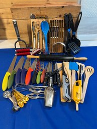 Lot 437- Nice Array Of Kitchen Utensils- Knives - Rolling Pin- Can Opener - Bottle Opener Etc