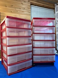 Lot 444- Red & White Plastic Storage Drawers - Lot Of 2 - 6 Drawers Each - Ornaments - Crafts