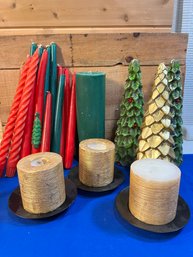 Lot 448- Christmas Candle Lot- Tree Candles - Gold Trim - Red & Green Tapers -Holiday Decor