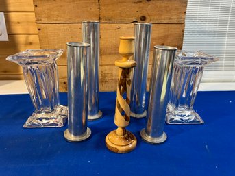 Lot 451- Aluminum Industrial Tall Candle Holders - Wood - Glass - Home Decor Lot Of 7