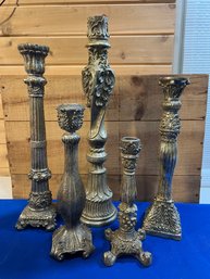 Lot 462- Decorative Tall Candle Stick Holders - Silver - Gold - Ornate Gothic Mix And Match Home Decor - 5