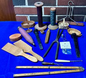 Lot 84- Spools, Knick Knacks,  Acme Hanger - Railroad - Shaker Baskets, Antique Curling Iron