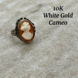 Lot 93- 10K White Gold Cameo Filigree Ring Size 3