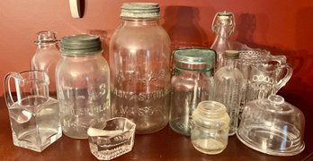 Lot 90- Old Bottles & Glassware Atlas Mason Jars - Tuttles Elixir Co. Boston - Pitchers - Salt Cellar Antique